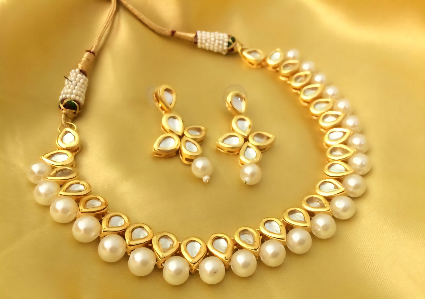 Single Line Drop Moti Kundan Necklace Set