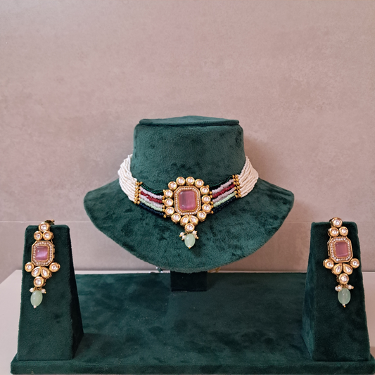 Big Square Pink Monalisa Stone & Multicolor Bead Kundan Necklace Set