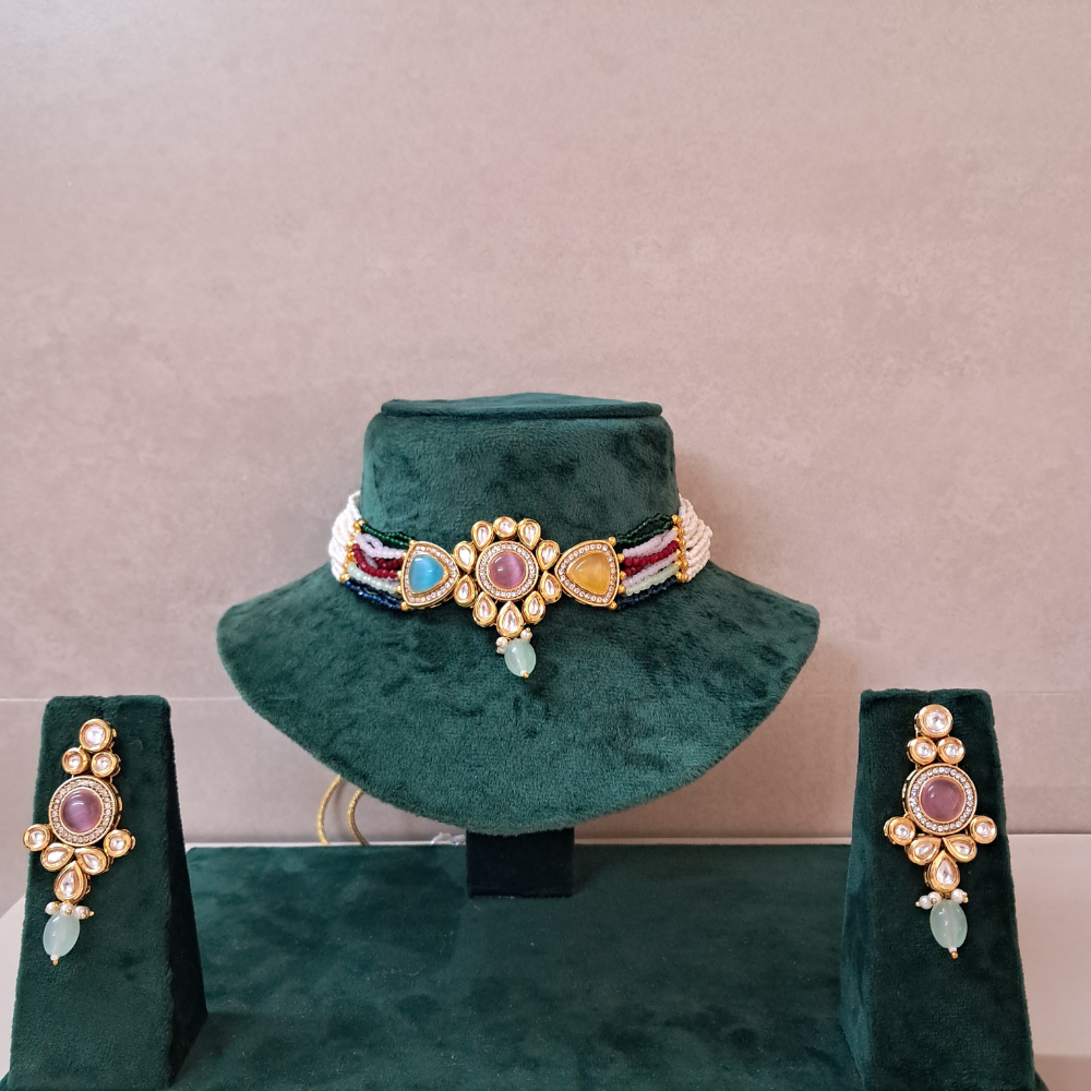 Bow Multicolor Monalisa Kundan Necklace Set
