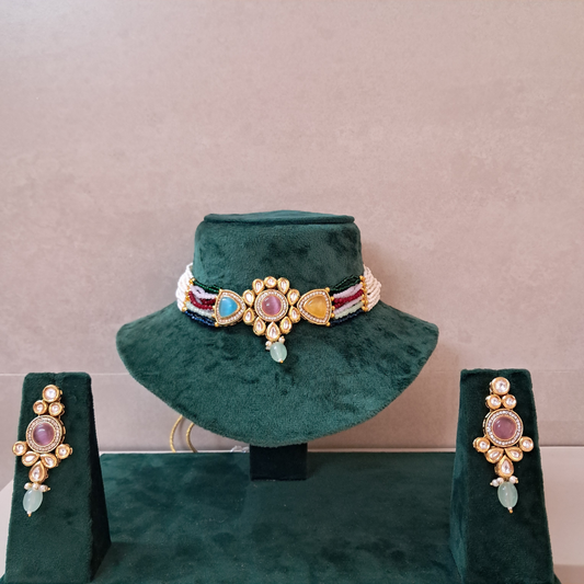 Bow Multicolor Monalisa Kundan Necklace Set
