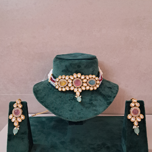 Big Oval Multicolor Monalisa Kundan Necklace Set