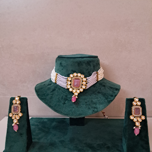 Big Square Pink Monalisa Stone & Pink Bead Kundan Necklace Set