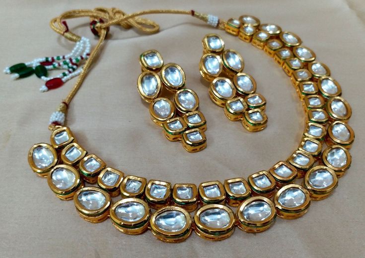 Double Line Small Square & Medium Kundan Necklace Set