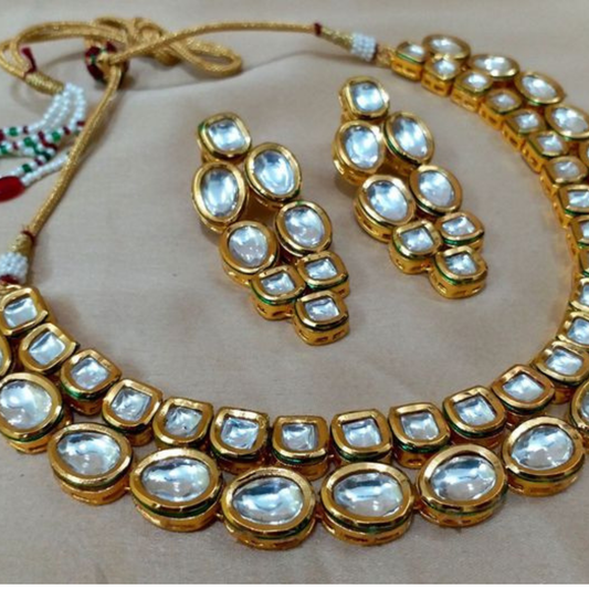 Double Line Small Square & Medium Kundan Necklace Set