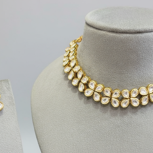 Double Line Drop Shape Flower Kundan Necklace Set