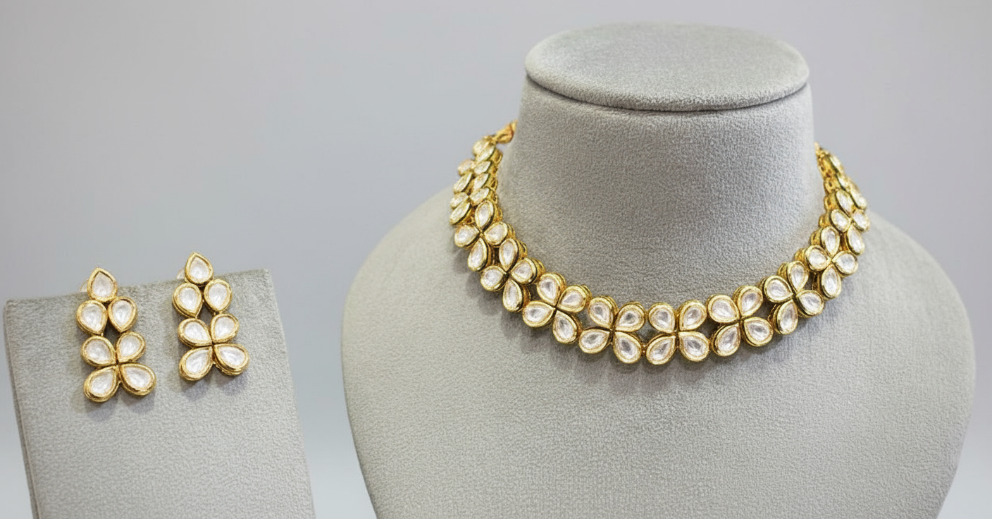 Double Line Drop Shape Flower Kundan Necklace Set