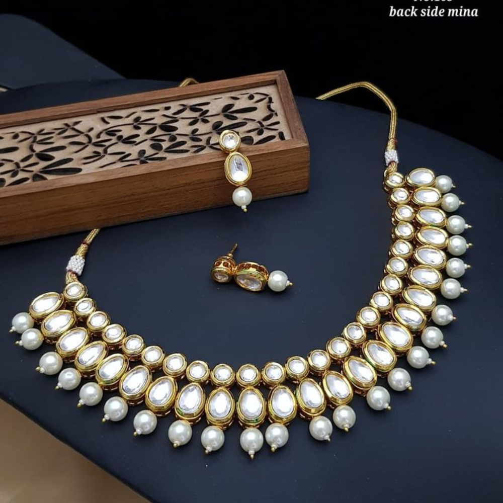 Double Line Circle & oval Kundan Necklace Set With White Pearls