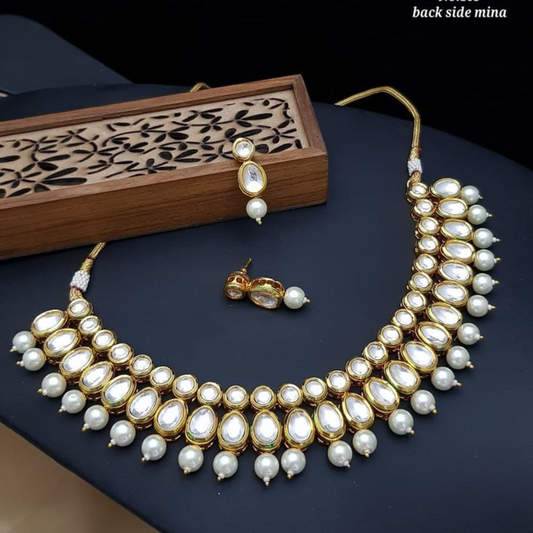 Double Line Circle & oval Kundan Necklace Set With White Pearls