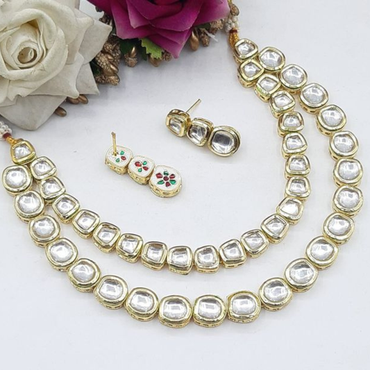 Double Layer Square & Oval Kundan Necklace Set