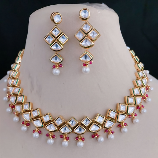 Double Line Square & Triangle Kundan Necklace Set with white pearls