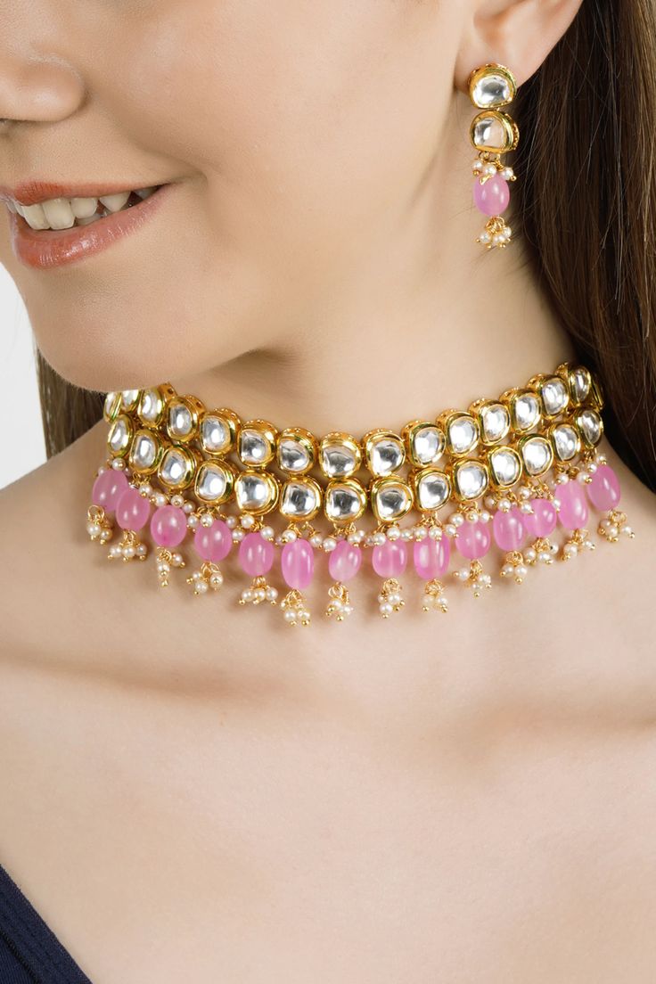 Double Layer Semi Kundan Necklace Set with Pink Pearls