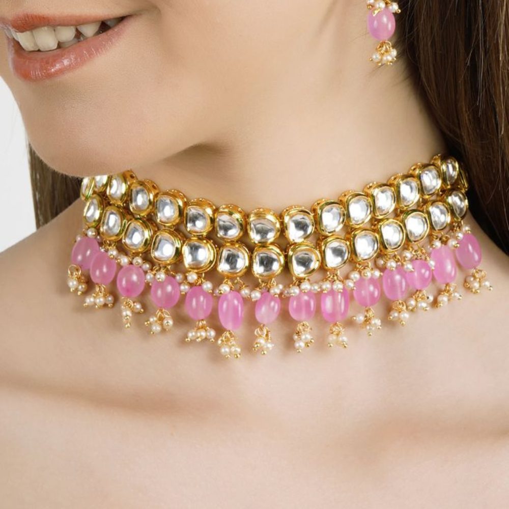 Double Layer Semi Kundan Necklace Set with Pink Pearls