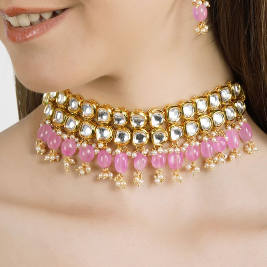 Double Layer Semi Kundan Necklace Set with Pink Pearls