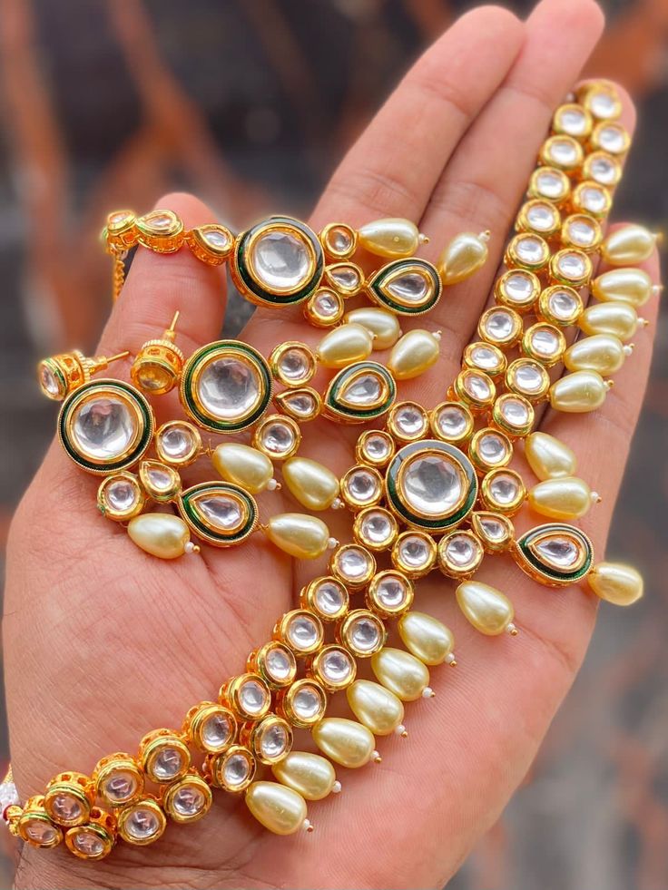 Double Layer Choker Style Kundan Necklace Set with White Pearls
