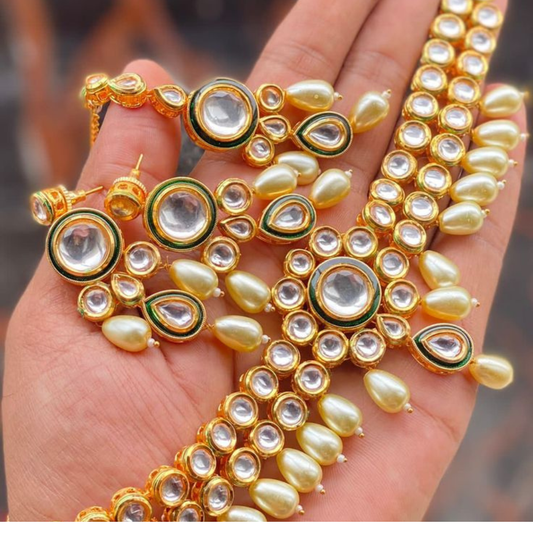 Double Layer Choker Style Kundan Necklace Set with White Pearls