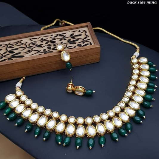 Double Layer Circle & Medium oval Kundan Necklace Set with Green Pearls