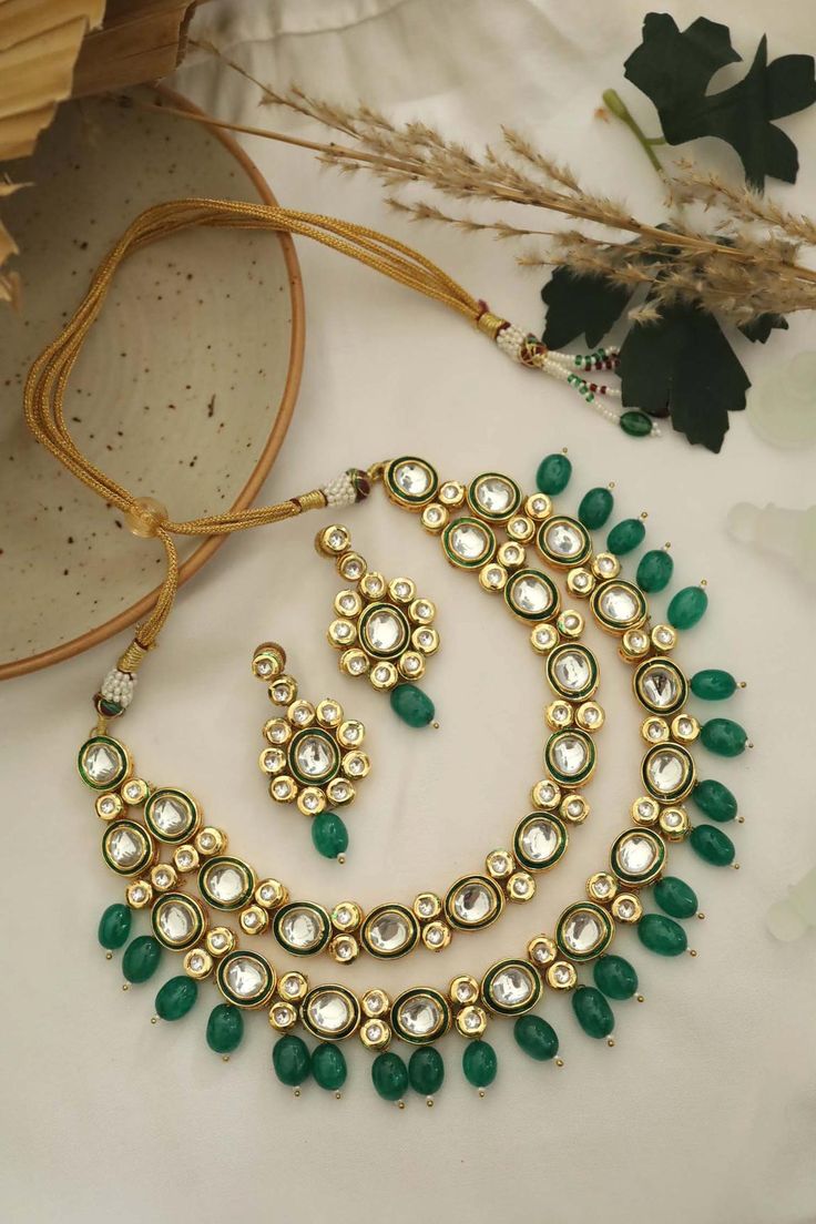 Double Layer Medium Oval Kundan Necklace Set Filled with Green Meena & Green Pearls