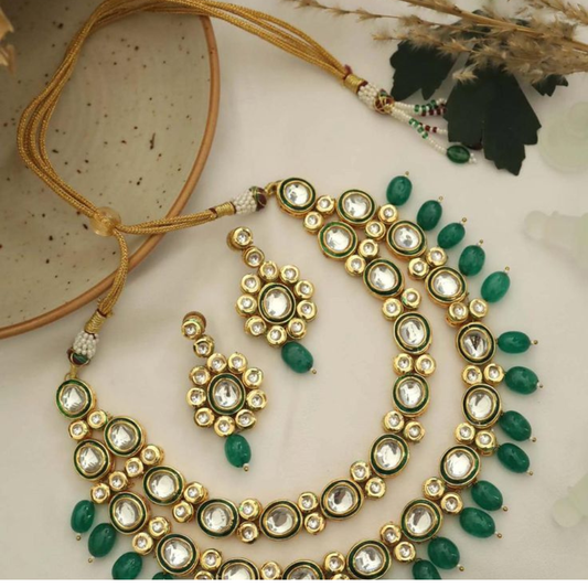 Double Layer Medium Oval Kundan Necklace Set Filled with Green Meena & Green Pearls