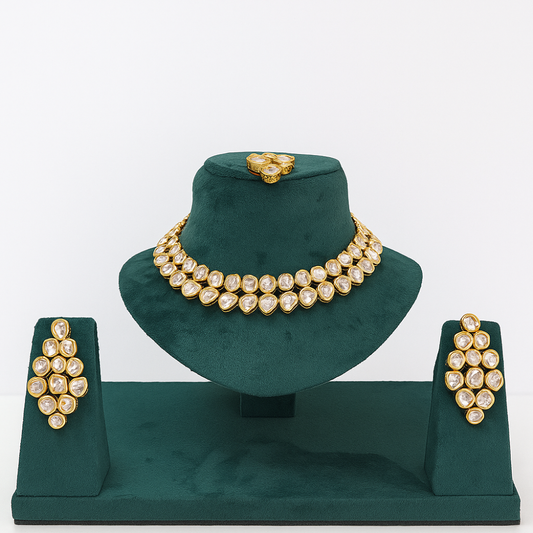 Double Layer Multi Shape Kundan Necklace Set with TIka