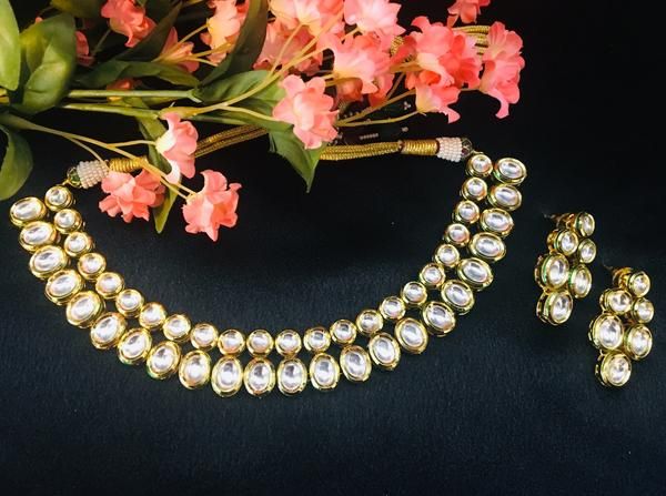 Double Line Small Oval & Circle Kundan Necklace Set