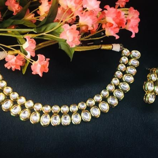 Double Line Small Oval & Circle Kundan Necklace Set