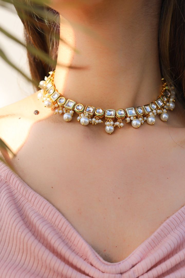 Single Line Multi Shape Kundan Necklace Set with Moti