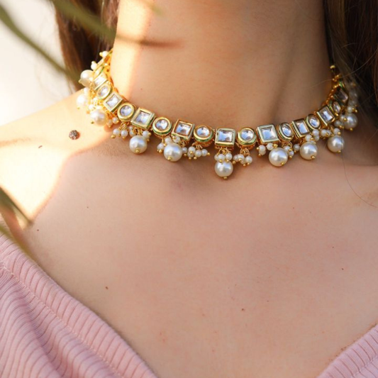 Single Line Multi Shape Kundan Necklace Set with Moti