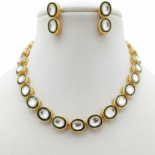 Single Line Oval Kundan Necklace Set Filled with Green Meena