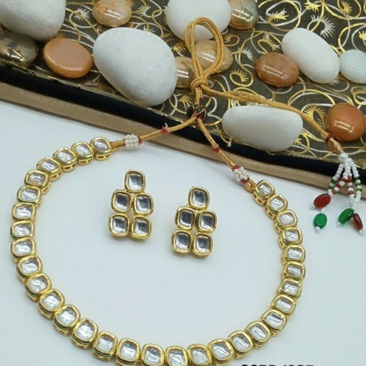 Single Line Square Kundan Necklace Set with Double Layer Earrings