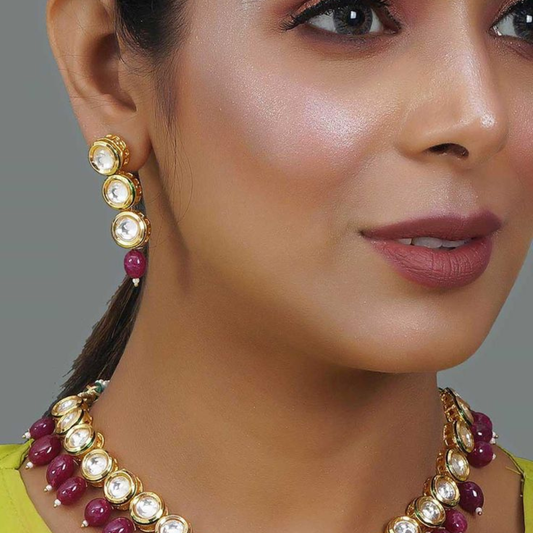 Single Line Circle Kundan Necklace Set with Red Beads