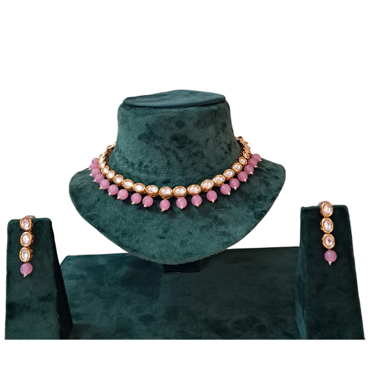 Single Line Oval Kundan Necklace Set With Pink Beads