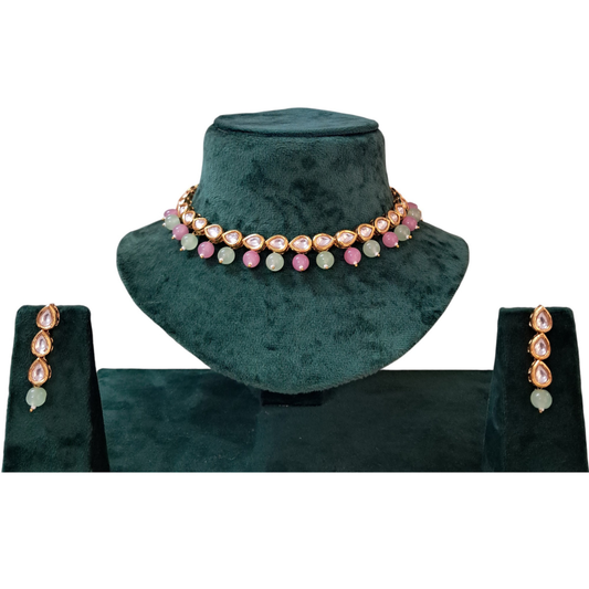 Single Line Drop Kundan Necklace Set With Pink & Green Beads