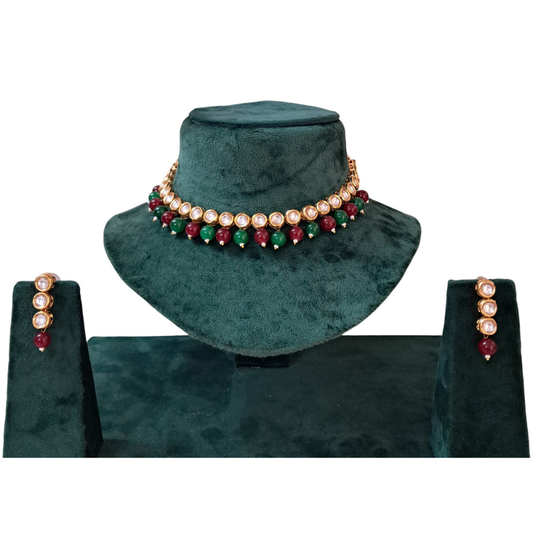 Single Line Circle Kundan Necklace Set with Red & Green Beads