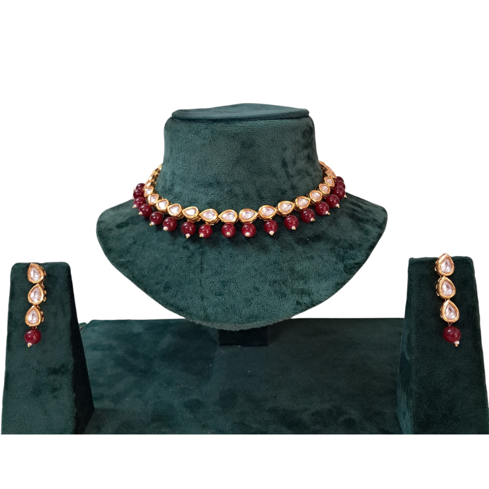 Single Line Drop Kundan Necklace Set With Red Beads