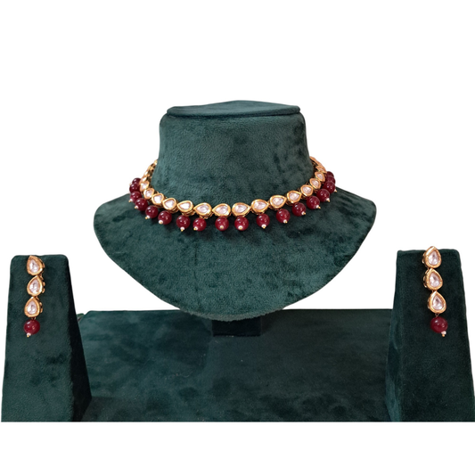 Single Line Drop Kundan Necklace Set With Red Beads