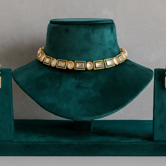 Single Line Rectangle & Oval Kundan Necklace Set with Green Meena Filled