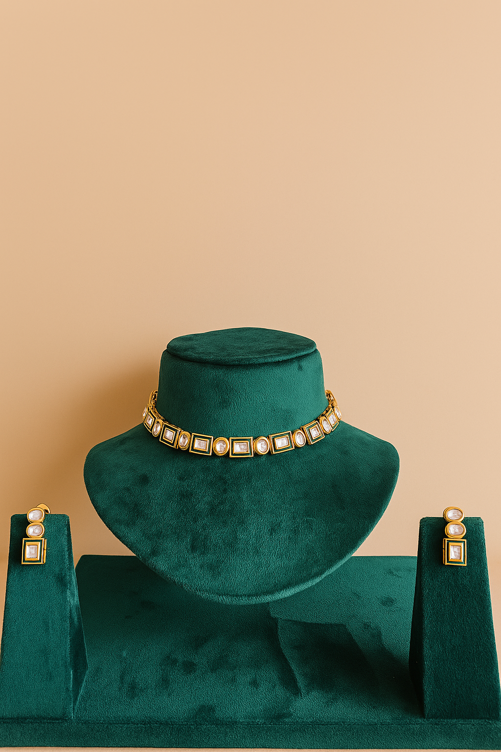 Single Line Rectangle & Oval Kundan Necklace Set with Green Meena Filled