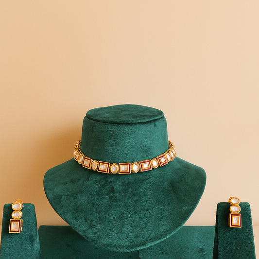 Single Line Rectangle & Oval Kundan Necklace Set with Red Meena Filled