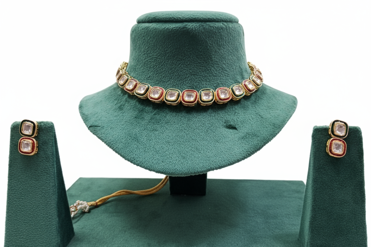 Single Line Uncut Square Kundan Necklace Set Filled with Red & Green Meena