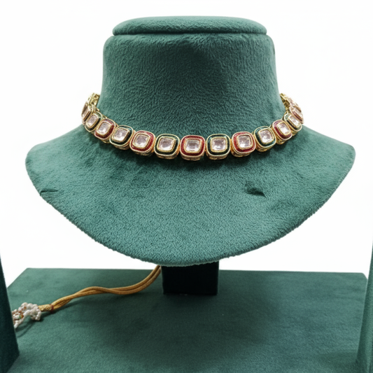 Single Line Uncut Square Kundan Necklace Set Filled with Red & Green Meena