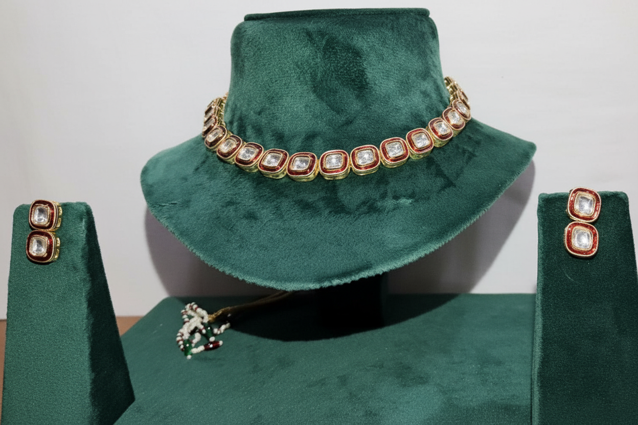 Single Line Square Kundan Necklace Set Filled with Red Meena
