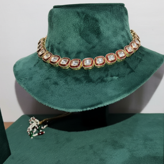 Single Line Square Kundan Necklace Set Filled with Red Meena