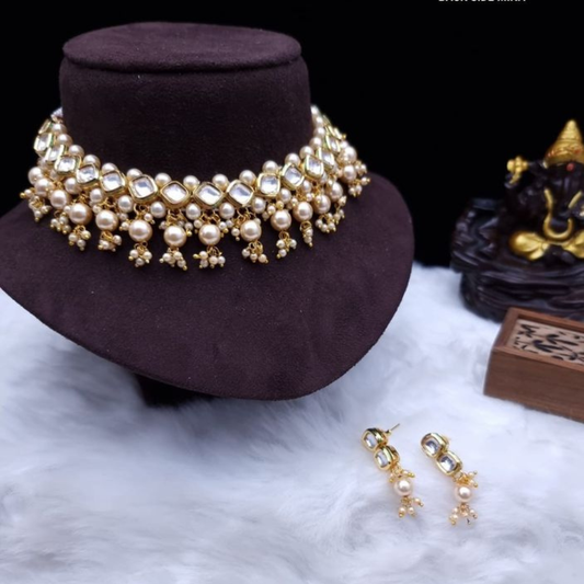 Single Line Square Kundan Necklace Set with Multi Layered Golden Pearls