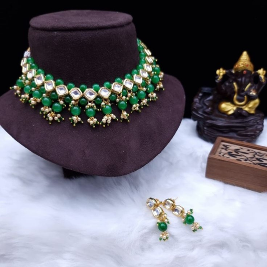 Single Line Square Kundan Necklace Set with Multi Layered Green Pearls