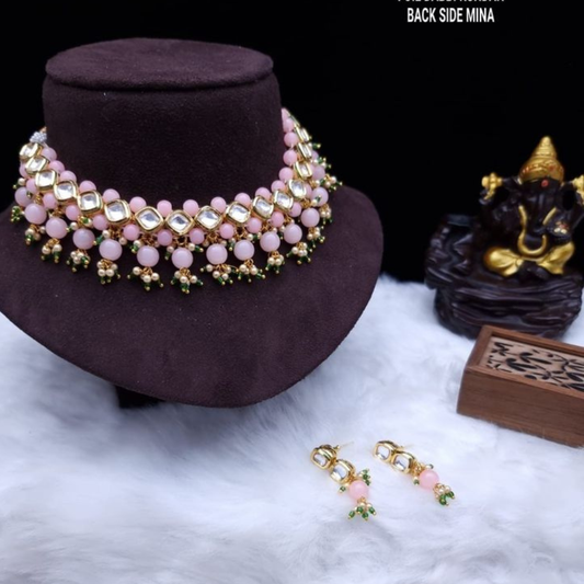 Single Line Square Kundan Necklace Set with Multi Layered Pink Pearls