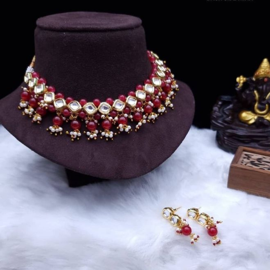 Single Line Square Kundan Necklace Set with Multi Layered Red Pearls