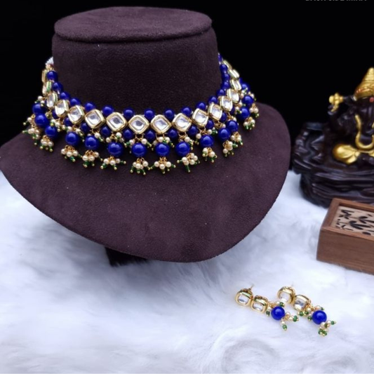 Single Line Square Kundan Necklace Set with Multi Layered Blue Pearls
