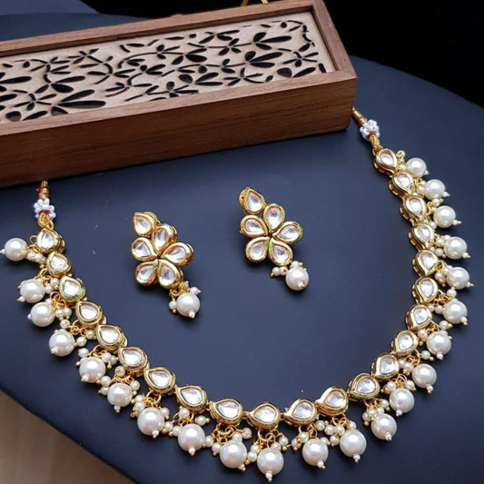 Single Line Drop Shape Moti Kundan Necklace Set
