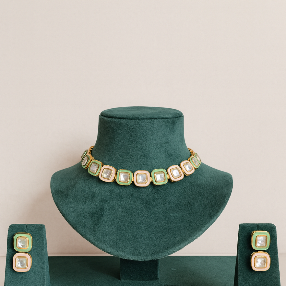 Square Single line Kundan Set with Baby Pink & Mint Green Meena