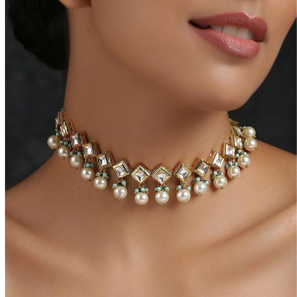 Single Line Square Kundan Necklace Set With Moti